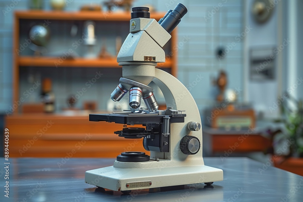 Poster microscope with a slide clean flat background bright studio lighting highlighting the precision and 