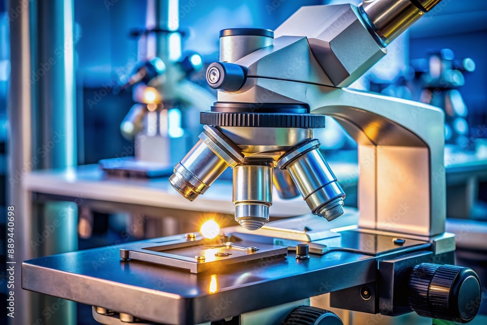 Aufkleber high-precision laboratory microscope with adjustable illuminator and objective lenses, focusing on a