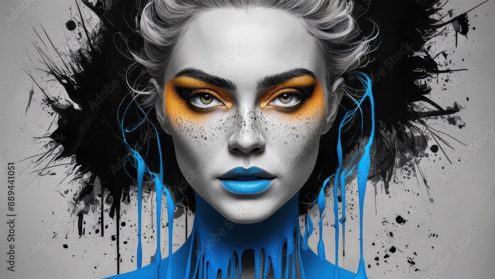 Poster A woman with blue lips and a face painted in black, AI