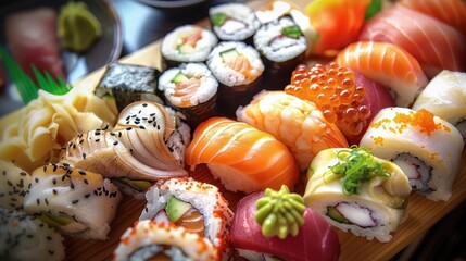 A colorful variety of fresh sushi rolls with different toppings, including salmon, tuna, and avocado, beautifully arranged on a platter.