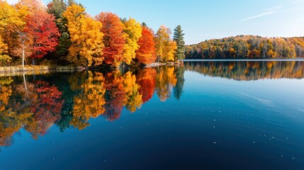 Obraz premium An idyllic autumn scene with a line of colorful trees in shades of red, orange, and yellow perfectly mirrored in the still, serene waters of a lake on a clear day.