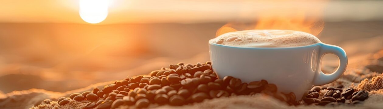 Steaming coffee cup surrounded by coffee beans on a sandy beach at sunrise, capturing a warm and cozy morning vibe.