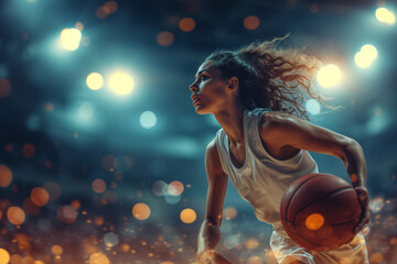 Focused female basketball player preparing to make move, illuminated by bright arena lights during game, evoking sense of intensity and competitive spirit