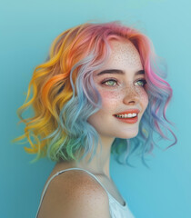 Fototapeta premium Young girl with pastel rainbow hair and freckles, exuding whimsical and ethereal vibe against soft blue background
