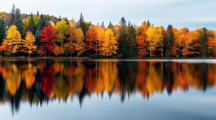 Obraz premium A stunning natural scene of a colorful autumn forest, with trees in vibrant red, orange, and yellow hues, beautifully reflected in the crystal clear and calm lake water.