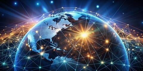 Fototapeta premium A glowing business globe surrounded by a network of glowing lines and nodes, representing digital marketing strategy and creative solutions for business development.