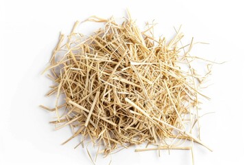 A stack of hay on a clean white surface, suitable for various uses such as still life photography or background in agricultural-themed compositions
