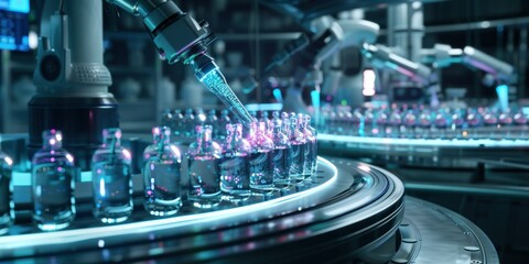 futuristic pharmaceutical lab with robotic arms precisely