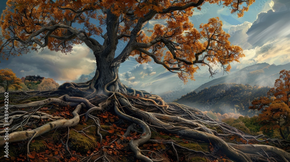 Poster a tree with roots that are spread out in the ground. the sky is dark and cloudy. scene is mysterious