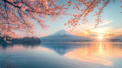 Obraz premium Mount Fuji in spring with cherry blossom trees in bloom at a lake in Japan