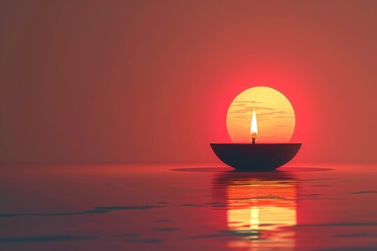 Indian Diya lamp candle burning on floor at calm background, creating serene and peaceful atmosphere, symbolizing inner tranquility and spiritual reflection