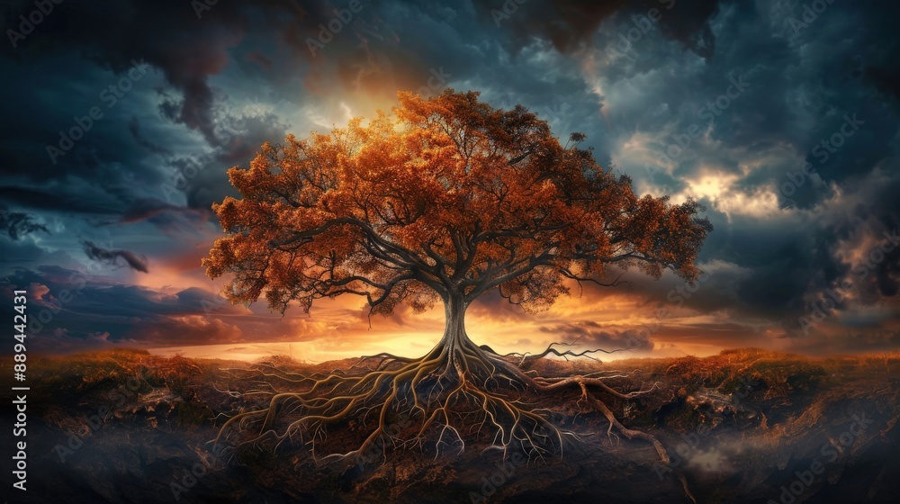Poster a tree with roots that are spread out in the ground. the sky is dark and cloudy. scene is mysterious