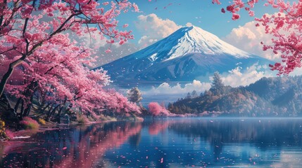 Mount Fuji in spring with cherry blossom trees in bloom at a lake in Japan