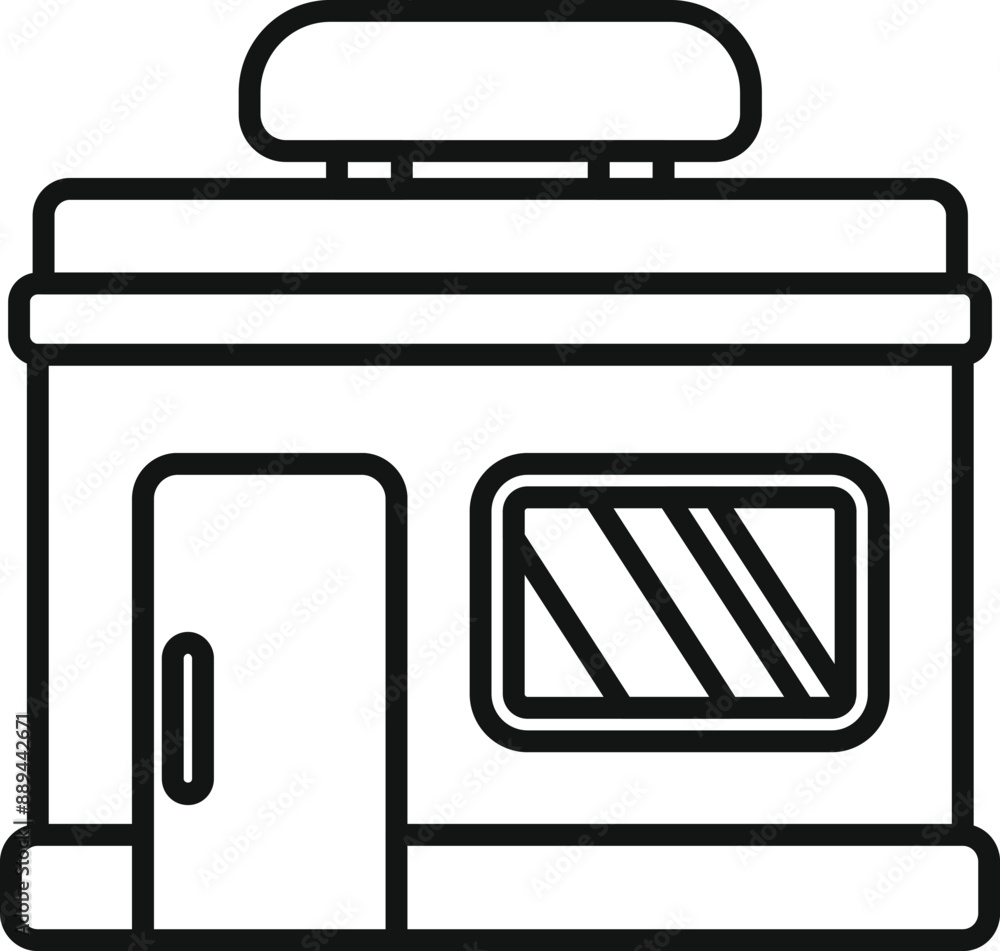Poster simple line drawing of a small shop building facade with a blank signboard, perfect for representing