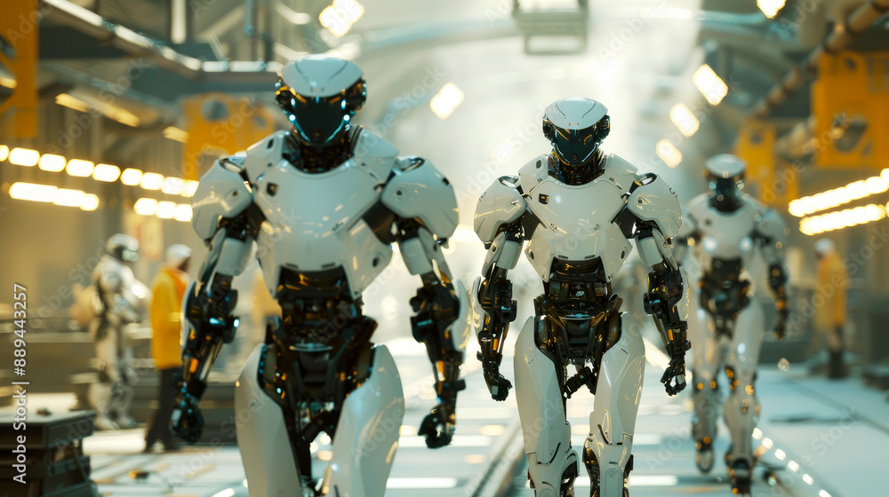 Poster a group of advanced robots walking through a brightly lit factory, representing technology and autom