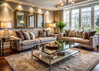 Inviting living room features a plush couch in neutral tones, paired with a sleek coffee table and tasteful decor, evoking warmth and sophistication.