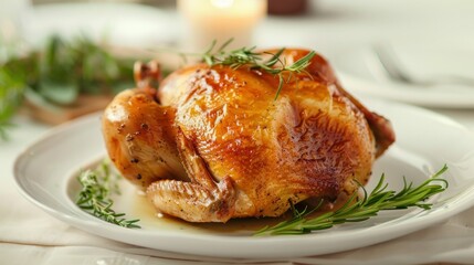 gourmet roast chicken on elegant white plate golden
