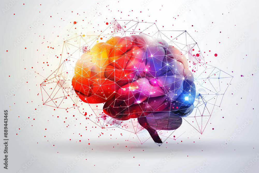 Poster a vibrant and artistic depiction of a brain with colorful and abstract elements, representing creati