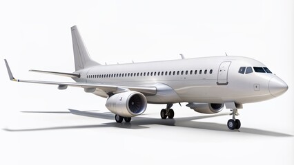 Obraz premium Close-up side view of a sleek white airplane isolated on a white background, conveying a sense of freedom and adventure, perfect for travel and vacation designs.