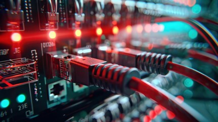 Naklejka premium A computer network with cables and lights. Concept of technology and power