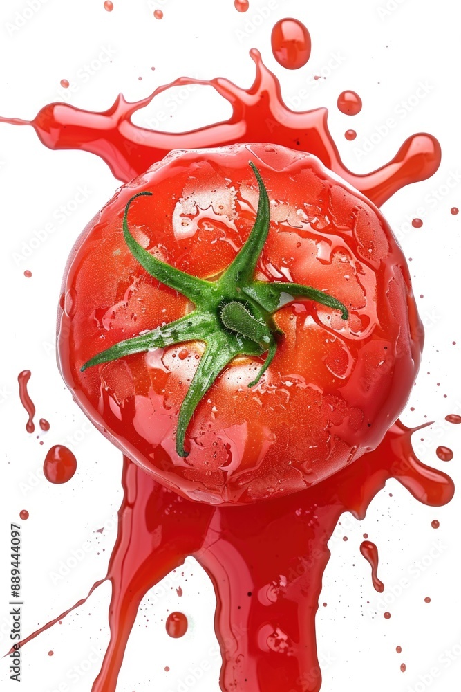 Poster a fresh tomato with a small amount of red paint splashed on it