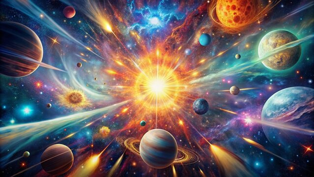 Vibrant swirls of cosmic energy erupt from a brilliant atomic blast, illuminating stars and planets in a kaleidoscope of colors, symbolizing limitless scientific discovery.