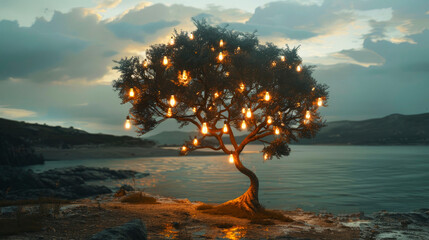 A serene scene featuring a tree adorned with glowing lights, situated on a rocky shore overlooking a calm body of water at sunset.