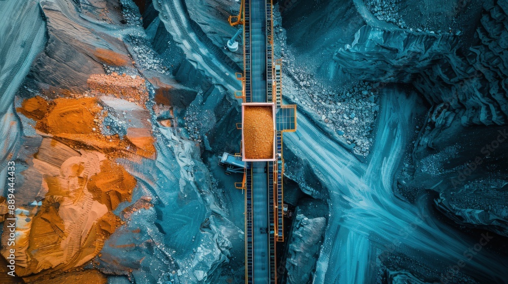 Poster a large quarry with a conveyor belt and machine