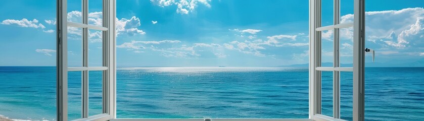 A beautiful ocean view with a white house and a window overlooking the water. The scene is peaceful and serene, with the water and sky blending together in perfect harmony