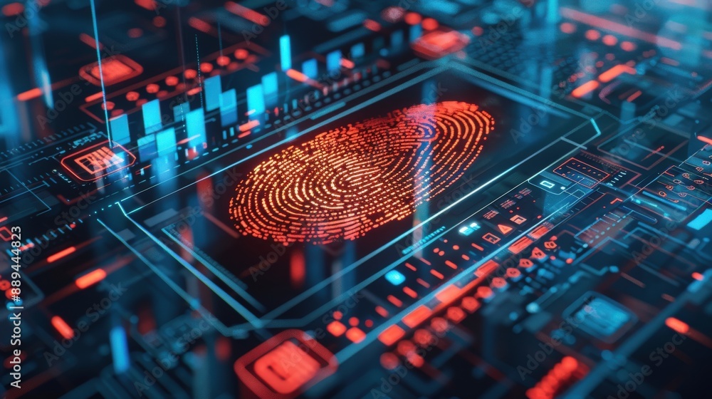Aufkleber a computer screen shows a digital fingerprint with red and blue colors. concept of technology and se