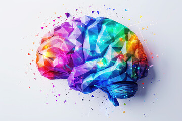 A vibrant, polygonal artwork of a brain, symbolizing creativity, innovation, and the colorful spectrum of human thought and intelligence.