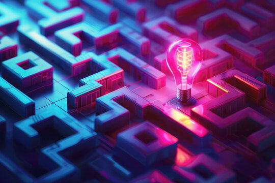 A glowing light bulb placed in the center of a high-tech maze, symbolizing innovation, ideas, and problem solving in a digital environment.