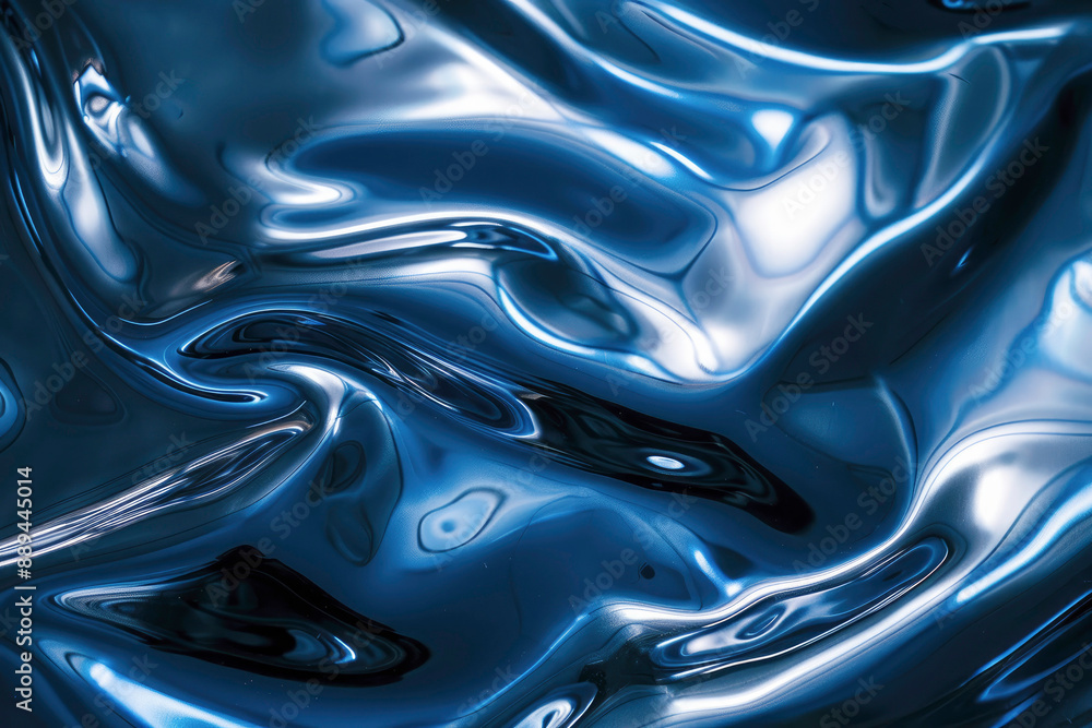 Poster a close-up image of abstract, shiny blue waves with metallic textures and reflective surfaces, creat