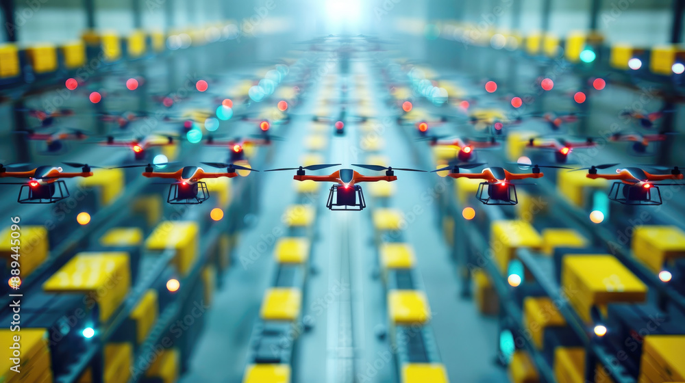 Poster An image of numerous drones flying in an automated warehouse, highlighting futuristic technology and efficiency in modern logistics and supply chain.