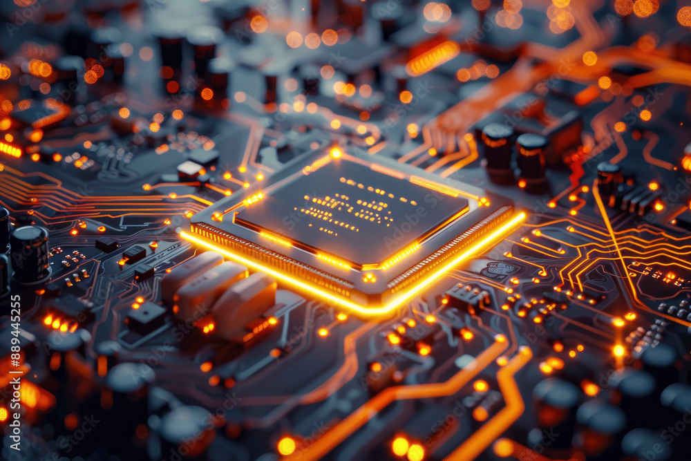 Poster a glowing circuit board with a central microchip, depicted in a high-tech, futuristic style with vib