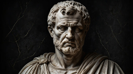Marble bust of a bearded man with intricate details and dramatic lighting, evoking a sense of classical antiquity and timeless artistry. Perfect for history and art themes.