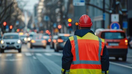 A traffic officer directing cars at a busy intersection during rush hour