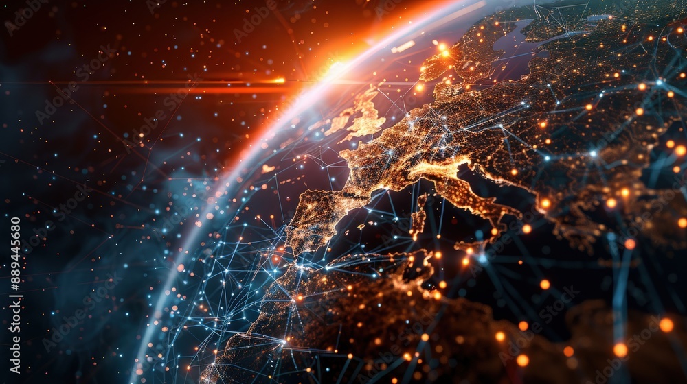 Poster a close up of a globe with a network of lines connecting it. the globe is lit up with a warm orange 