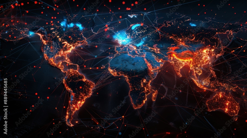 Poster a close up of a globe with a network of lines connecting it. the globe is lit up with a warm orange 