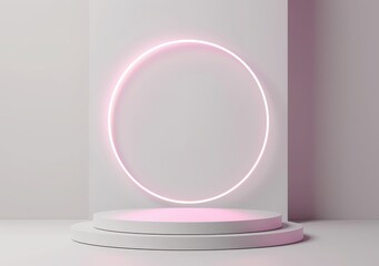 Simple abstract background with white light ring and podium for product presentation.