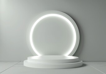Simple abstract background with white light ring and podium for product presentation.