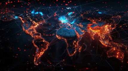 Fototapeta premium A close up of a globe with a network of lines connecting it. The globe is lit up with a warm orange glow, giving the impression of a network of connections