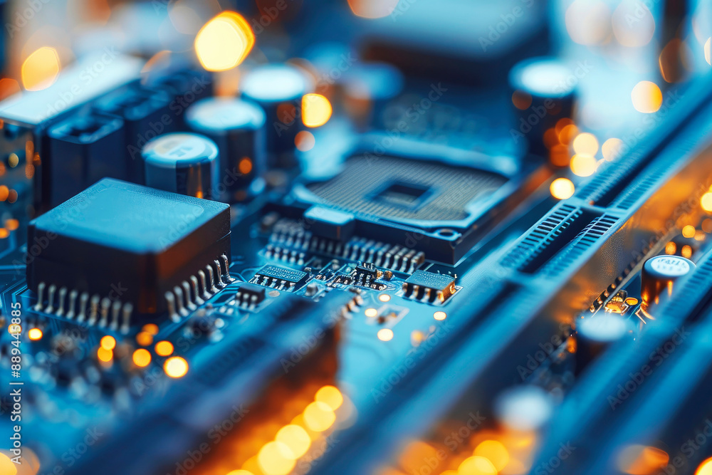 Poster a detailed close-up image of a computer motherboard with components, reflecting advanced technology,
