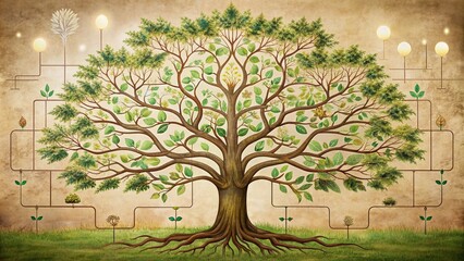 A beautifully designed family tree chart template showcases interconnected branches and roots, symbolizing the bonds and heritage of a loving family's ancestral lineage.