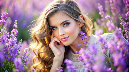 Naklejka premium Enhance your next project with this stunning stock image of a beautiful woman relaxing in a field of lavender.
