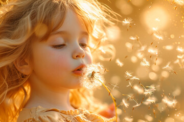 Fototapeta premium Young girl blows dandelion in field, bathed in warm golden sunlight, capturing moment of innocence and joy, little girl portrait evoking feelings of nostalgia and happiness