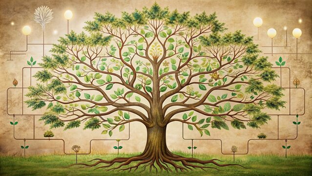 A beautifully designed family tree chart template showcases interconnected branches and roots, symbolizing the bonds and heritage of a loving family's ancestral lineage.