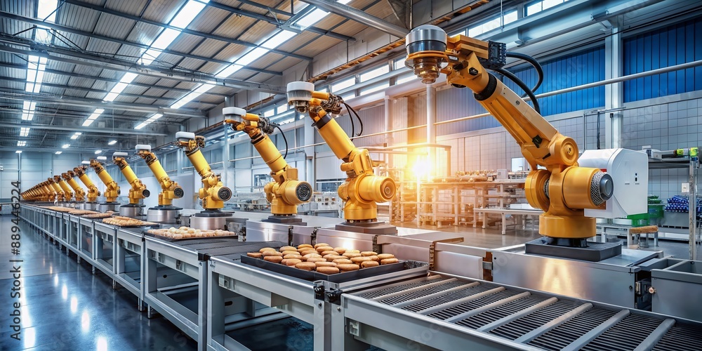 Aufkleber automation robot arms machine in food factory industrial. generative ai.