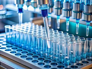 Close-up of an automated pipette dispensing samples into test wells for scientific research in a biomedical lab.