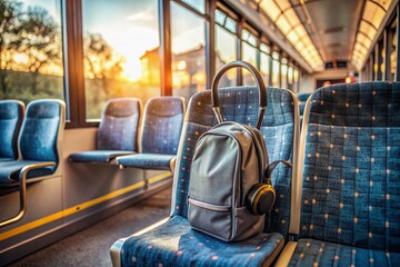 Naklejka premium Empty bus seat with headphones and a abandoned backpack, hinting at a young commuter who just got up and left, urban transportation atmosphere.
